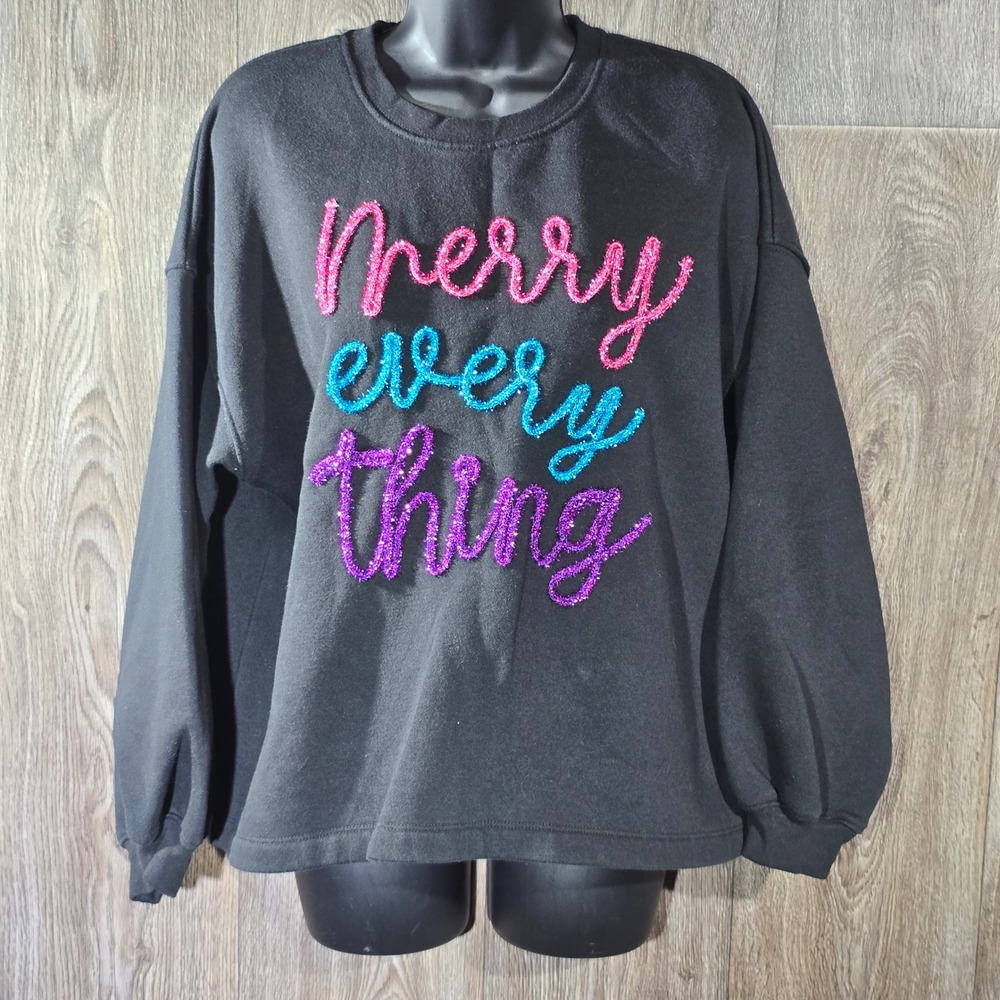 State of Mine Merry Everything Black Crewneck Holiday Sweatshirt Size Medium